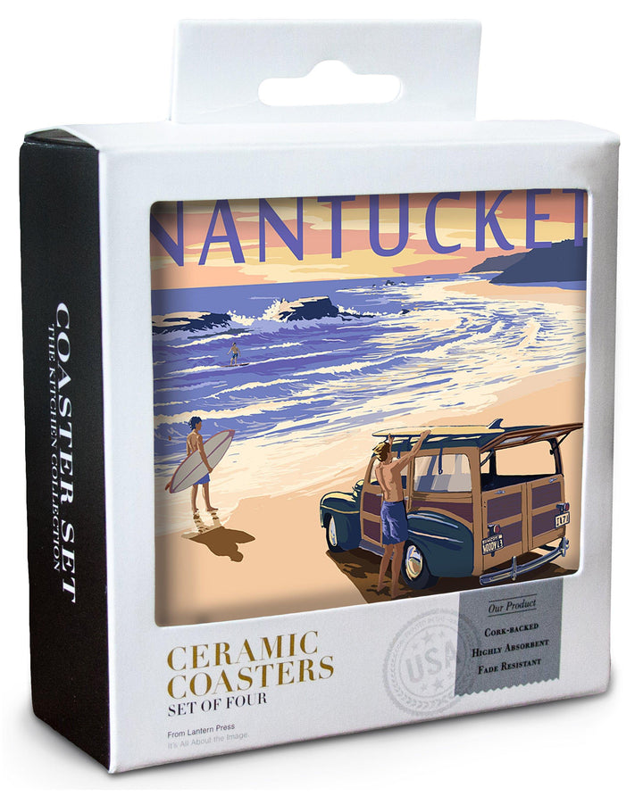 Nantucket, Massachusetts, Woody on Beach, Lantern Press Artwork, Coaster Set Coasters Lantern Press 