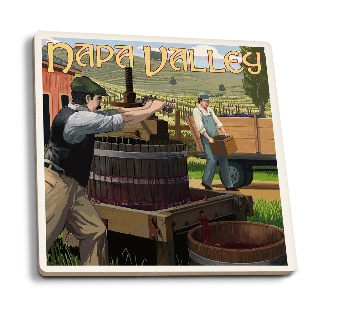 Napa Valley, California, Wine Grape Crushing, Lantern Press Artwork, Coaster Set Coasters Lantern Press 