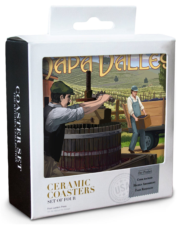 Napa Valley, California, Wine Grape Crushing, Lantern Press Artwork, Coaster Set Coasters Lantern Press 