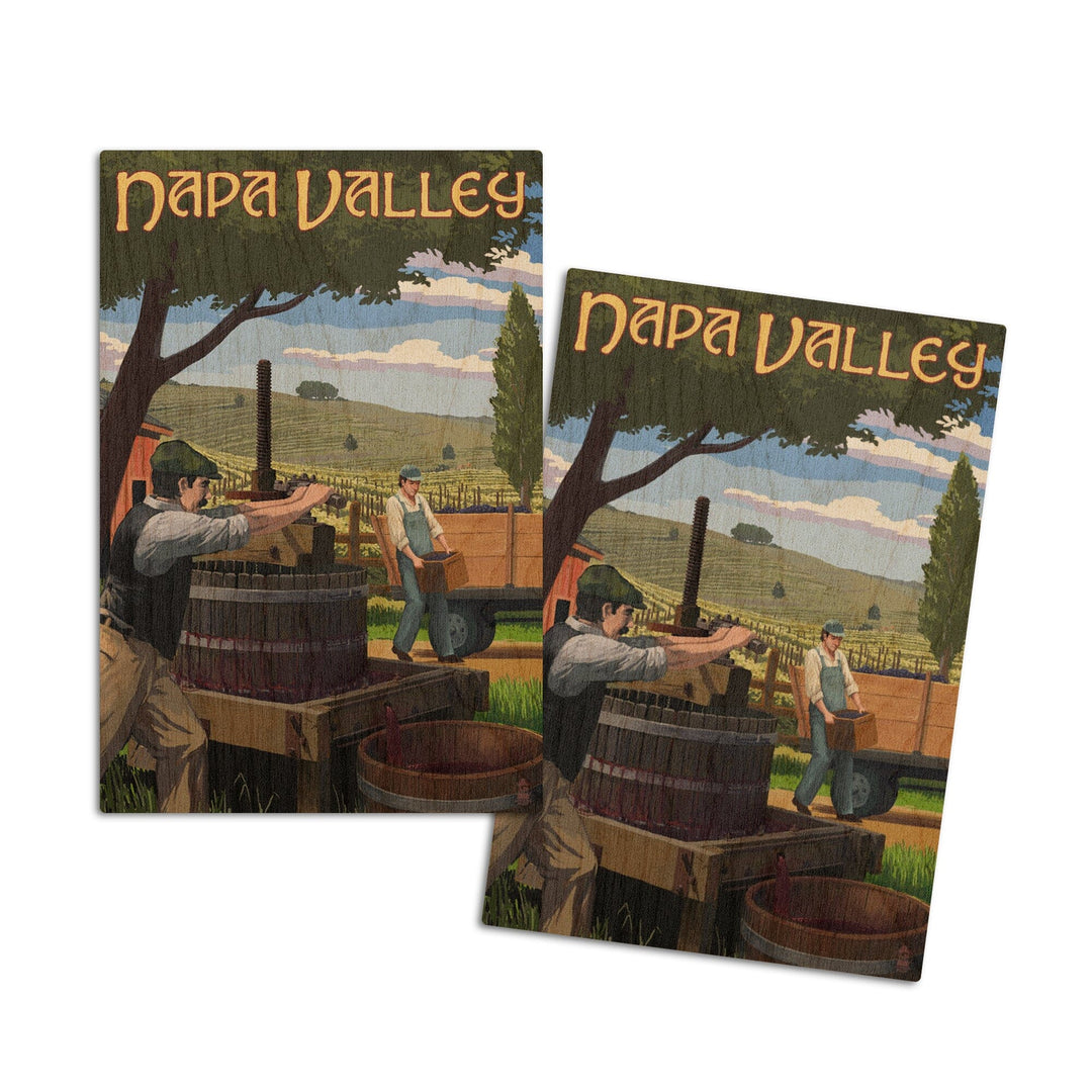 Napa Valley, California, Wine Grape Crushing, Lantern Press Artwork, Wood Signs and Postcards Wood Lantern Press 4x6 Wood Postcard Set 