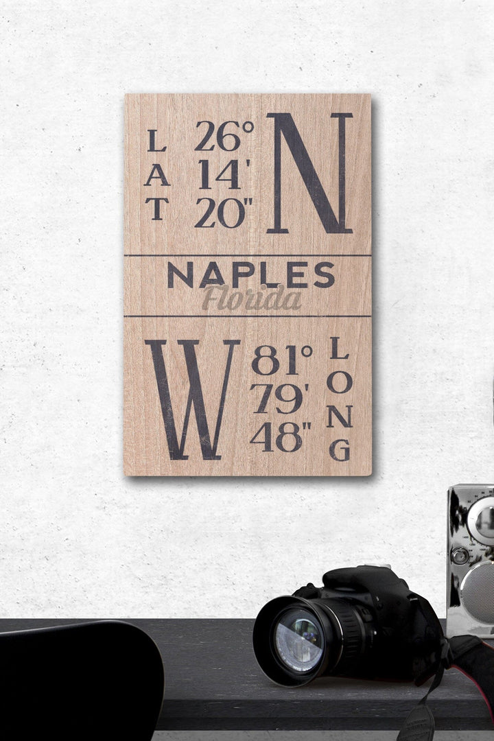 Naples, Florida, Latitude & Longitude (Blue), Lantern Press Artwork, Wood Signs and Postcards Wood Lantern Press 12 x 18 Wood Gallery Print 