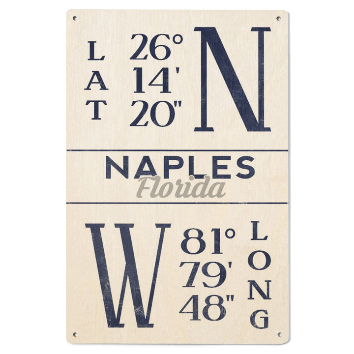 Naples, Florida, Latitude & Longitude (Blue), Lantern Press Artwork, Wood Signs and Postcards Wood Lantern Press 