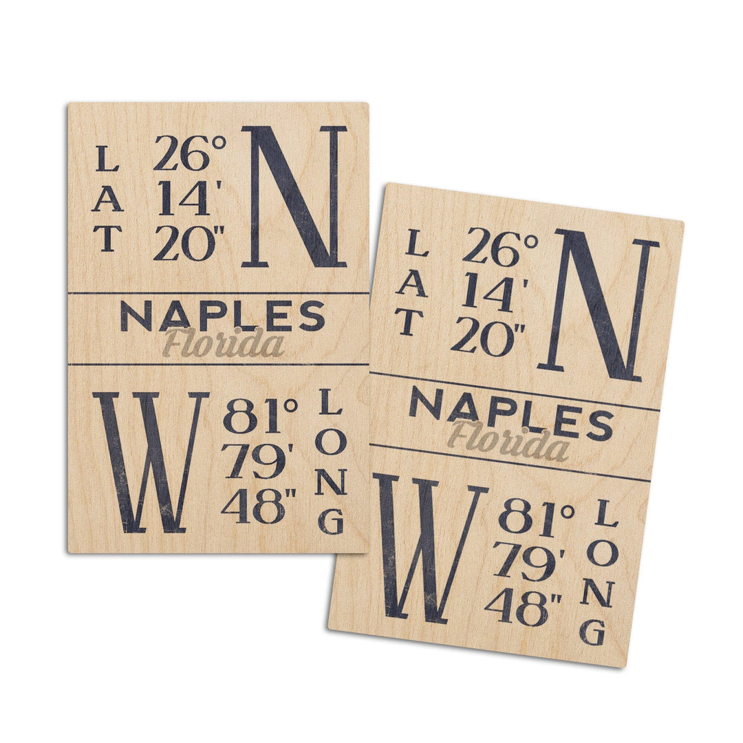 Naples, Florida, Latitude & Longitude (Blue), Lantern Press Artwork, Wood Signs and Postcards Wood Lantern Press 4x6 Wood Postcard Set 