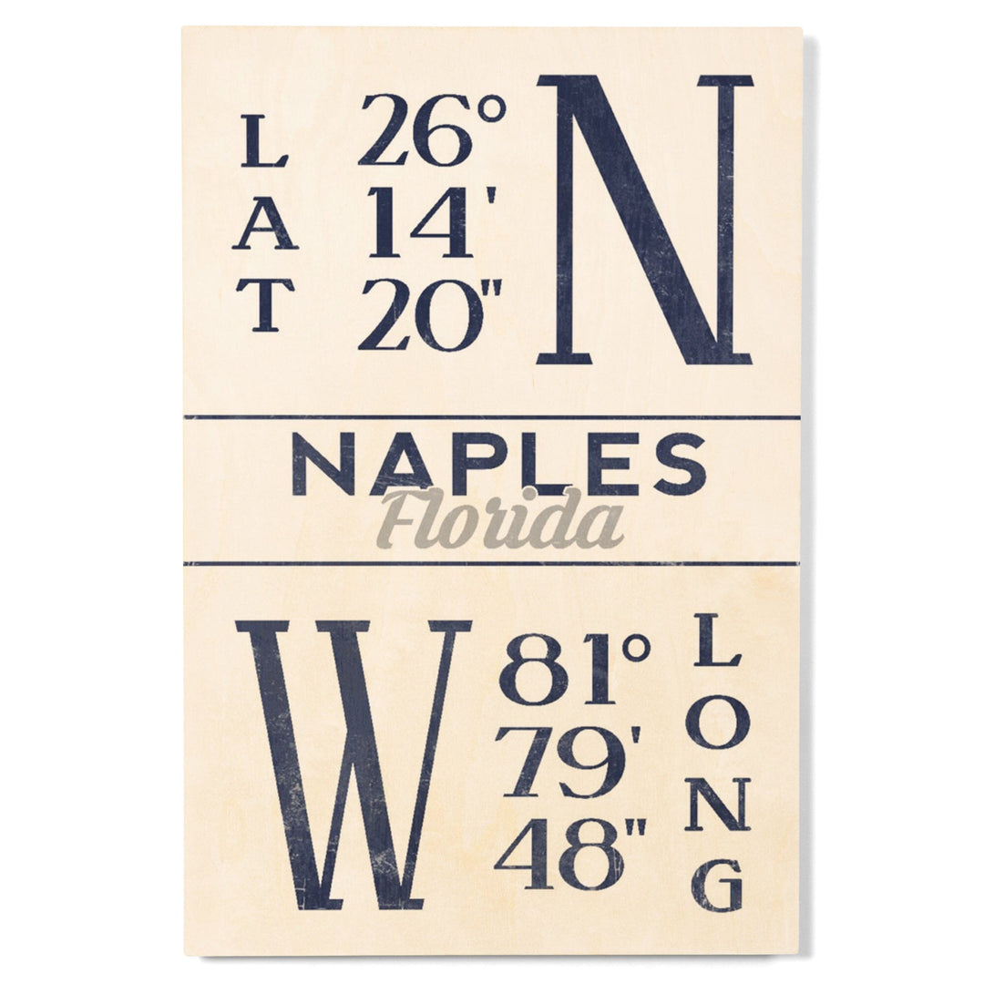 Naples, Florida, Latitude & Longitude (Blue), Lantern Press Artwork, Wood Signs and Postcards Wood Lantern Press 