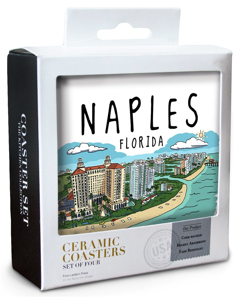 Naples, Florida, Line Drawing, Lantern Press Artwork, Coaster Set Coasters Lantern Press 