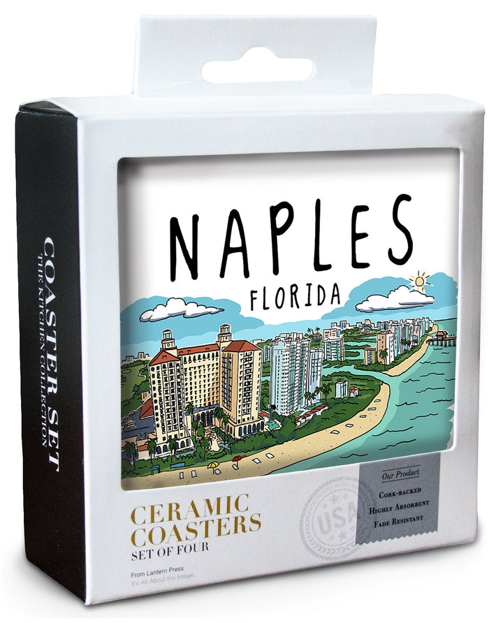 Naples, Florida, Line Drawing, Lantern Press Artwork, Coaster Set Coasters Lantern Press 
