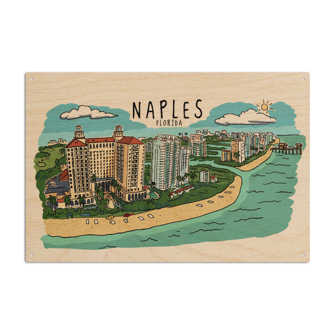 Naples, Florida, Line Drawing, Lantern Press Artwork, Wood Signs and Postcards Wood Lantern Press 10 x 15 Wood Sign 