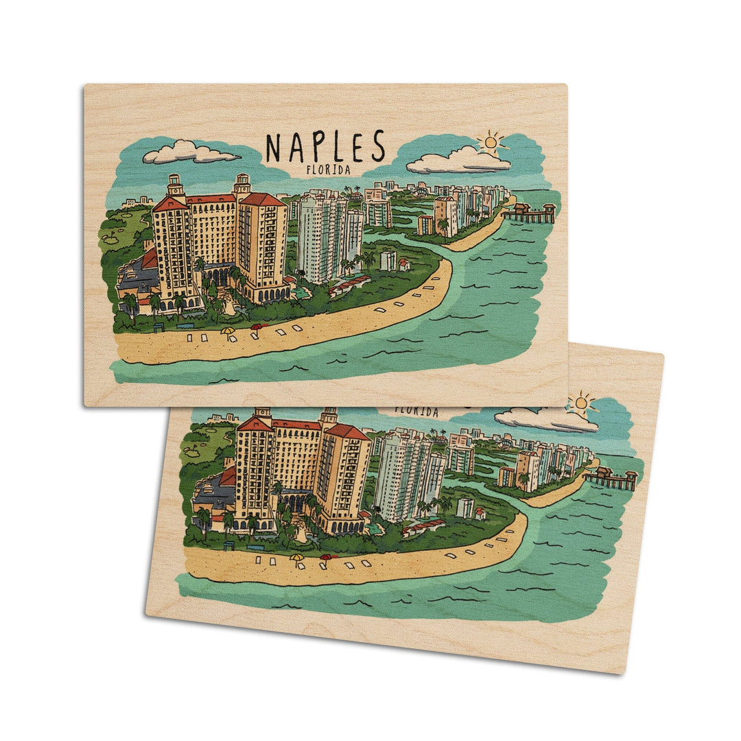 Naples, Florida, Line Drawing, Lantern Press Artwork, Wood Signs and Postcards Wood Lantern Press 4x6 Wood Postcard Set 