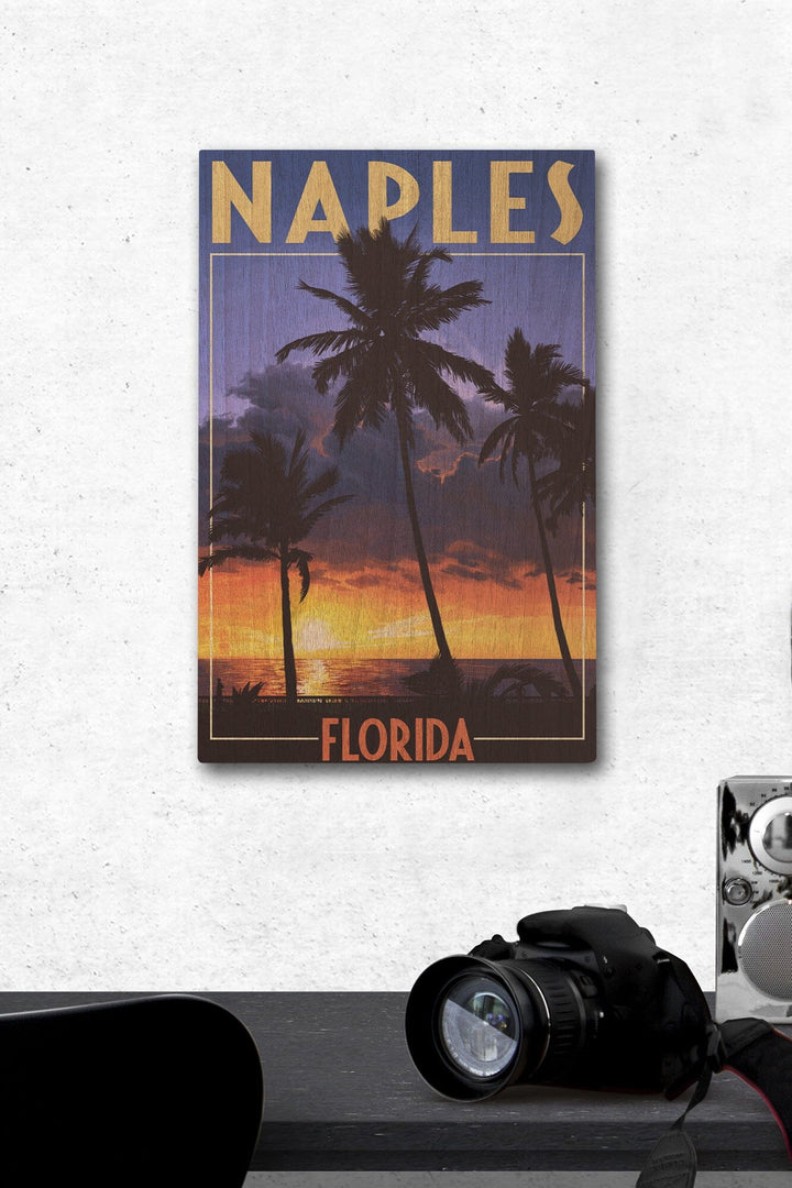Naples, Florida, Palms & Sunset, Lantern Press Artwork, Wood Signs and Postcards Wood Lantern Press 12 x 18 Wood Gallery Print 