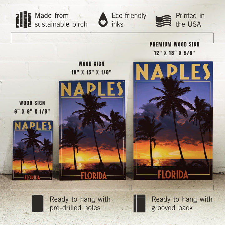 Naples, Florida, Palms & Sunset, Lantern Press Artwork, Wood Signs and Postcards Wood Lantern Press 