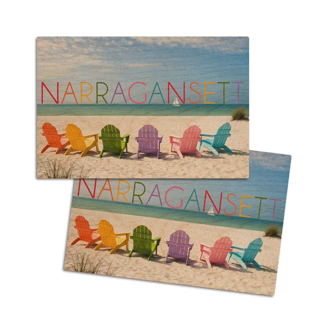 Narragansett, Rhode Island, Colorful Beach Chairs, Lantern Press Photography, Wood Signs and Postcards Wood Lantern Press 4x6 Wood Postcard Set 