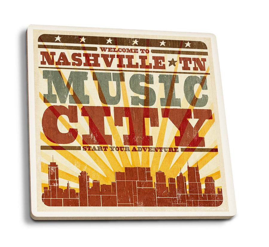 Nashville, Tennessee, City and Sunburst, Screenprint, Contour, Lantern Press Artwork, Coaster Set Coasters Lantern Press 