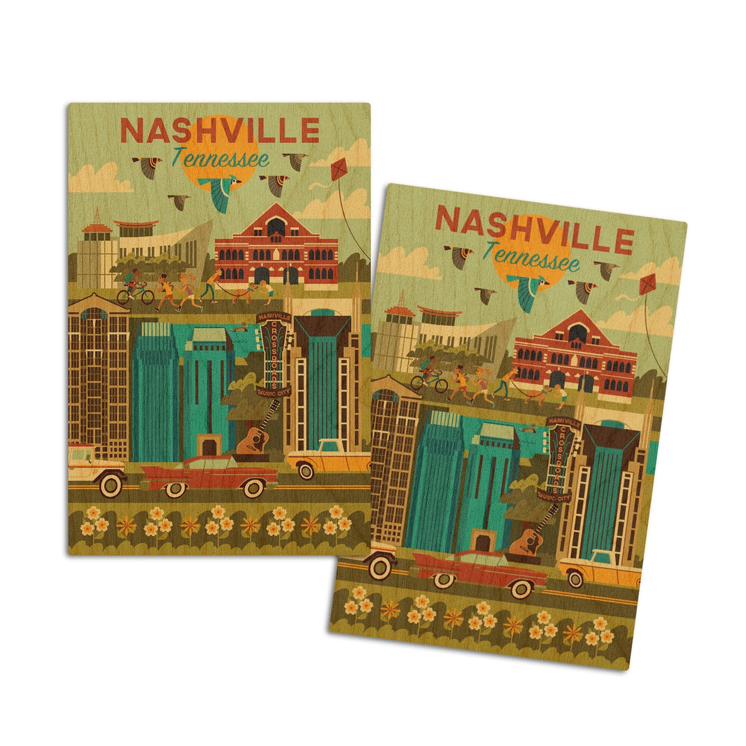 Nashville, Tennessee, Geometric City Series, Lantern Press Artwork, Wood Signs and Postcards Wood Lantern Press 4x6 Wood Postcard Set 