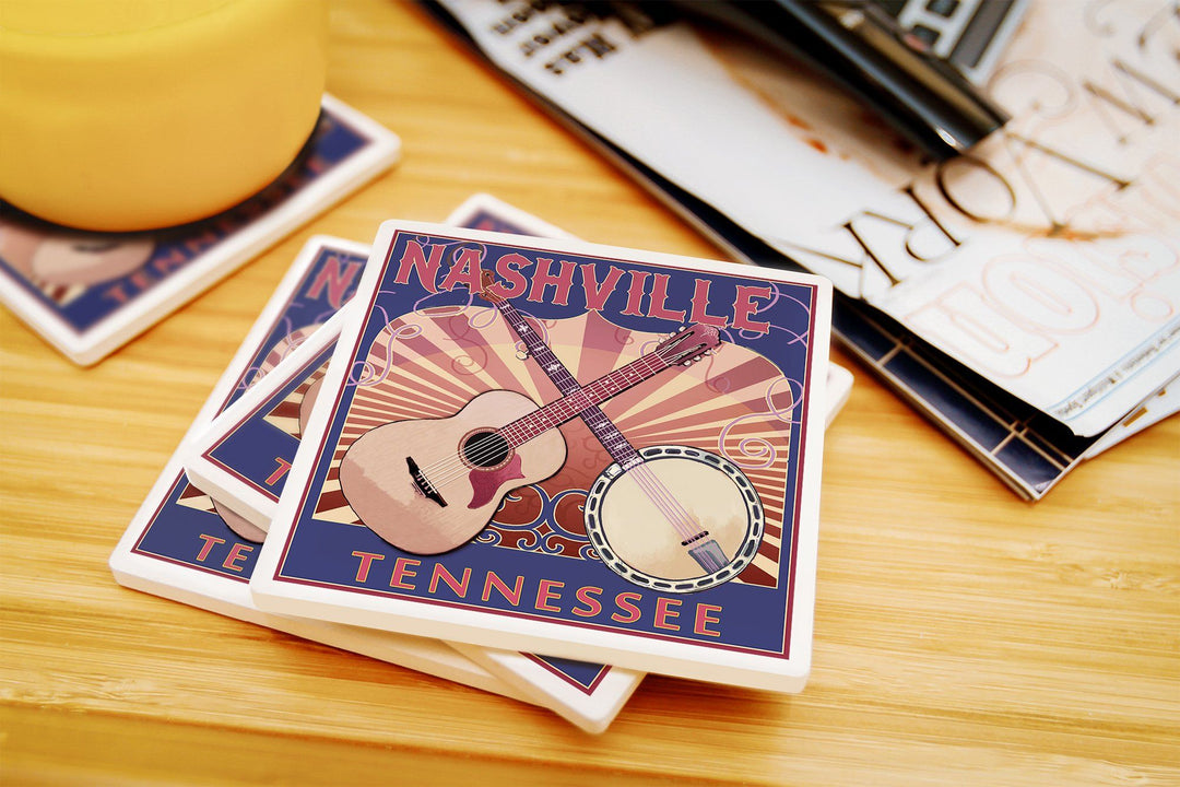 Nashville, Tennessee, Guitar and Banjo Music, Lantern Press Artwork, Coaster Set Coasters Lantern Press 