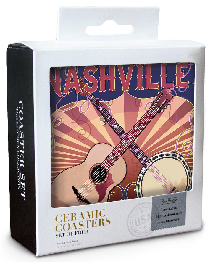 Nashville, Tennessee, Guitar and Banjo Music, Lantern Press Artwork, Coaster Set Coasters Lantern Press 