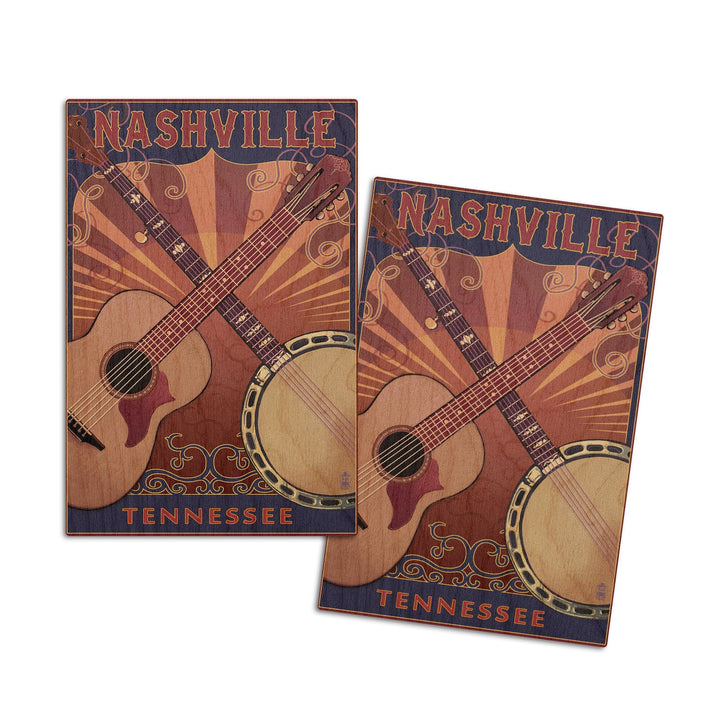 Nashville, Tennessee, Guitar and Banjo Music, Lantern Press Artwork, Wood Signs and Postcards Wood Lantern Press 4x6 Wood Postcard Set 
