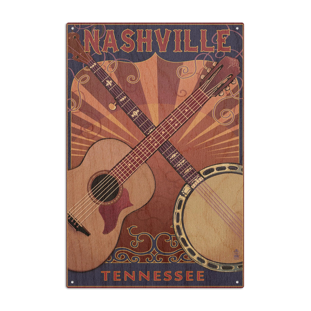 Nashville, Tennessee, Guitar and Banjo Music, Lantern Press Artwork, Wood Signs and Postcards Wood Lantern Press 6x9 Wood Sign 