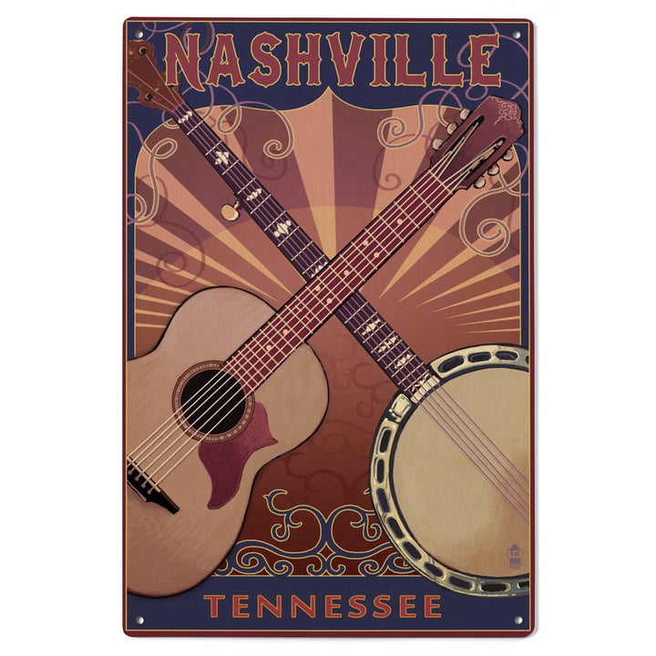 Nashville, Tennessee, Guitar and Banjo Music, Lantern Press Artwork, Wood Signs and Postcards Wood Lantern Press 