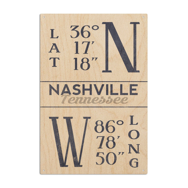 Nashville, Tennessee, Latitude & Longitude (Blue), Lantern Press Artwork, Wood Signs and Postcards Wood Lantern Press 10 x 15 Wood Sign 