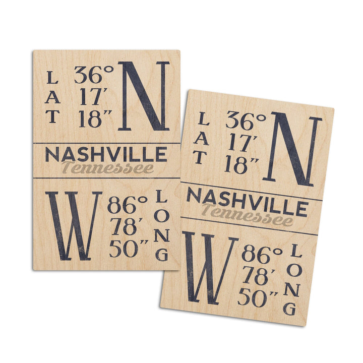 Nashville, Tennessee, Latitude & Longitude (Blue), Lantern Press Artwork, Wood Signs and Postcards Wood Lantern Press 4x6 Wood Postcard Set 