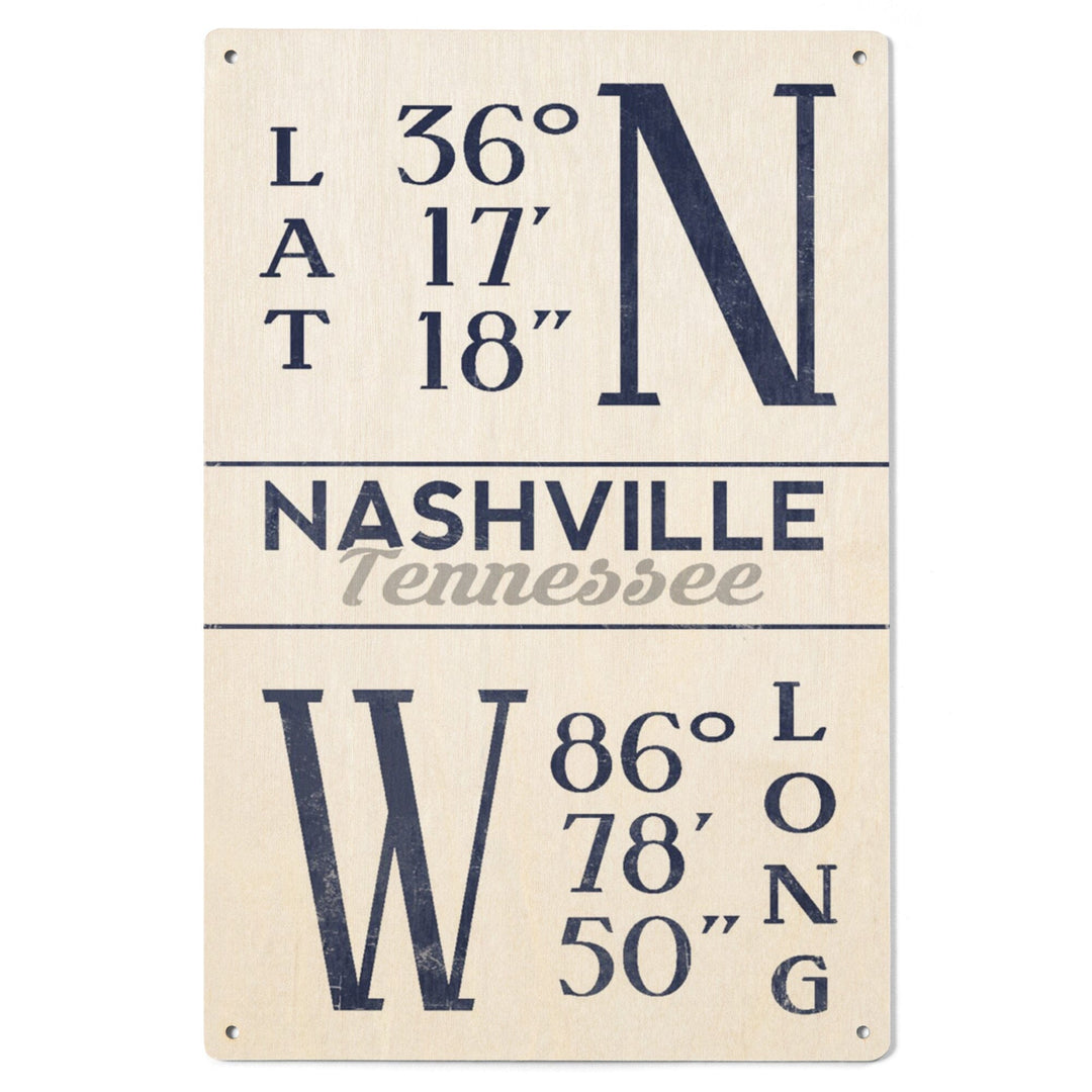 Nashville, Tennessee, Latitude & Longitude (Blue), Lantern Press Artwork, Wood Signs and Postcards Wood Lantern Press 
