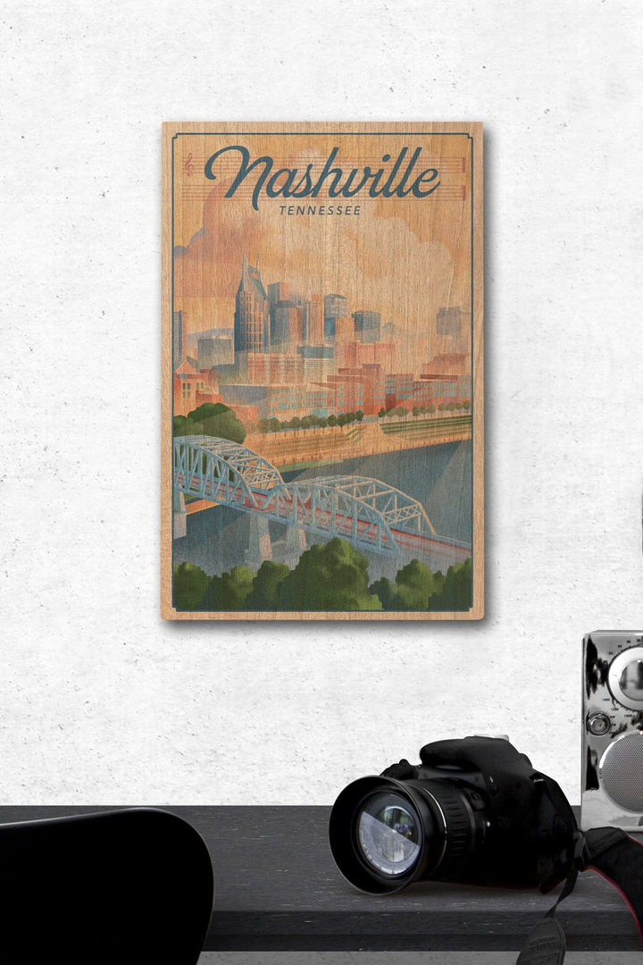 Nashville, Tennessee, Lithograph City Series, Lantern Press Artwork, Wood Signs and Postcards Wood Lantern Press 12 x 18 Wood Gallery Print 