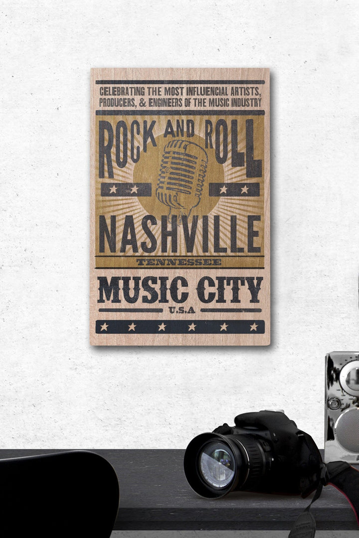 Nashville, Tennessee, Music City, USA, Microphone, Blue & Gold, Lantern Press Artwork, Wood Signs and Postcards Wood Lantern Press 12 x 18 Wood Gallery Print 