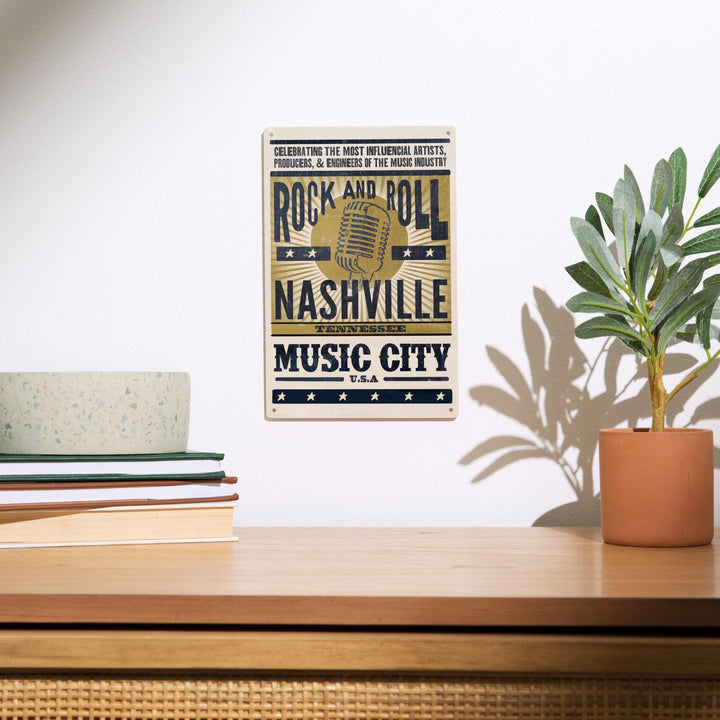 Nashville, Tennessee, Music City, USA, Microphone, Blue & Gold, Lantern Press Artwork, Wood Signs and Postcards Wood Lantern Press 