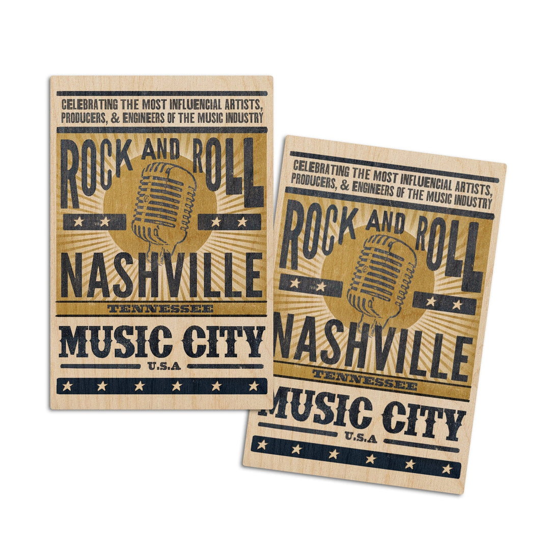 Nashville, Tennessee, Music City, USA, Microphone, Blue & Gold, Lantern Press Artwork, Wood Signs and Postcards Wood Lantern Press 4x6 Wood Postcard Set 