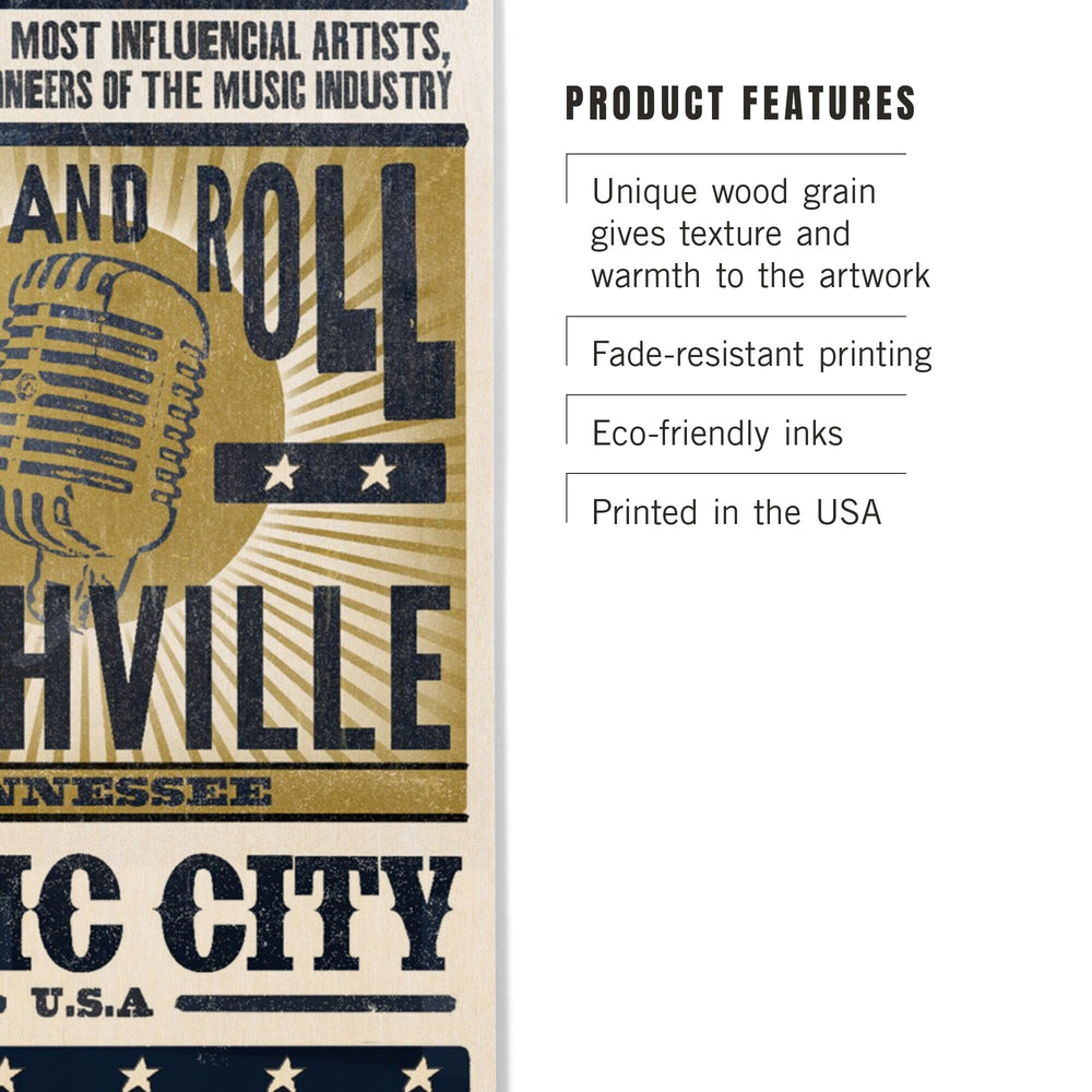 Nashville, Tennessee, Music City, USA, Microphone, Blue & Gold, Lantern Press Artwork, Wood Signs and Postcards Wood Lantern Press 