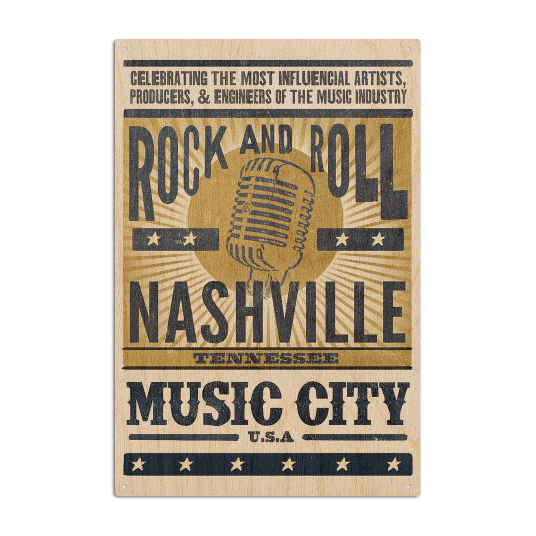 Nashville, Tennessee, Music City, USA, Microphone, Blue & Gold, Lantern Press Artwork, Wood Signs and Postcards Wood Lantern Press 6x9 Wood Sign 
