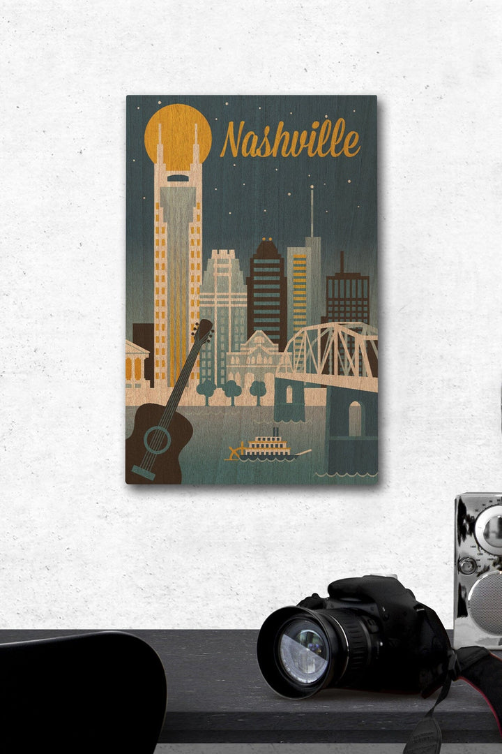 Nashville, Tennessee, Retro Skyline Classic Series, Lantern Press Artwork, Wood Signs and Postcards Wood Lantern Press 12 x 18 Wood Gallery Print 
