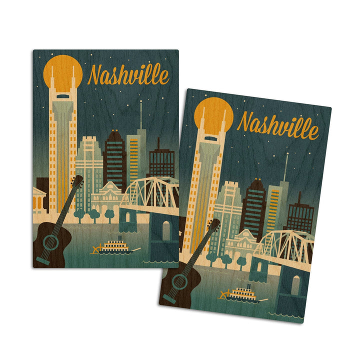 Nashville, Tennessee, Retro Skyline Classic Series, Lantern Press Artwork, Wood Signs and Postcards Wood Lantern Press 4x6 Wood Postcard Set 
