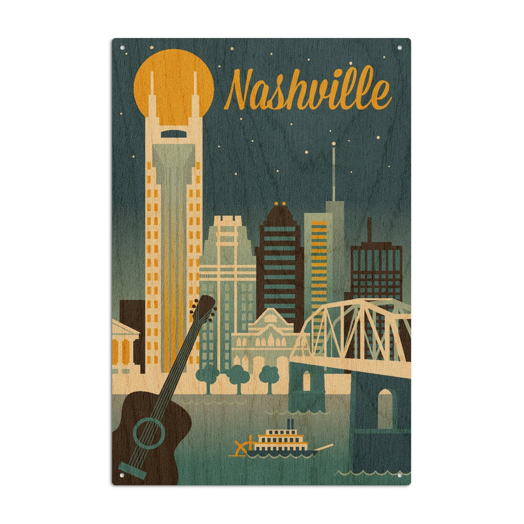 Nashville, Tennessee, Retro Skyline Classic Series, Lantern Press Artwork, Wood Signs and Postcards Wood Lantern Press 6x9 Wood Sign 