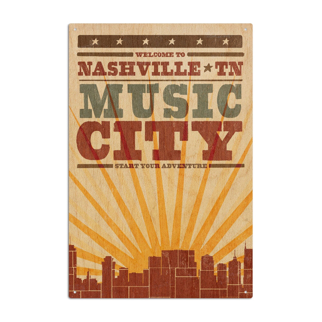 Nashville, Tennessee, Skyline & Sunburst Screenprint Style, Lantern Press Artwork, Wood Signs and Postcards Wood Lantern Press 10 x 15 Wood Sign 