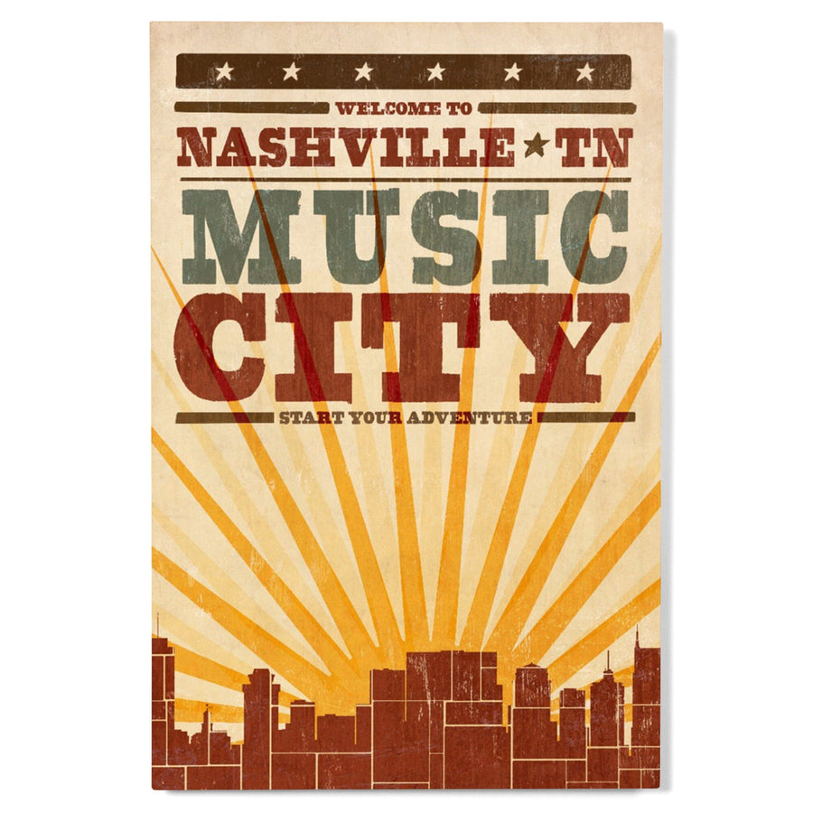 Nashville, Tennessee, Skyline & Sunburst Screenprint Style, Lantern Press Artwork, Wood Signs and Postcards Wood Lantern Press 
