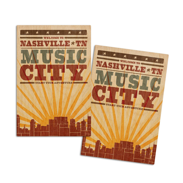 Nashville, Tennessee, Skyline & Sunburst Screenprint Style, Lantern Press Artwork, Wood Signs and Postcards Wood Lantern Press 4x6 Wood Postcard Set 