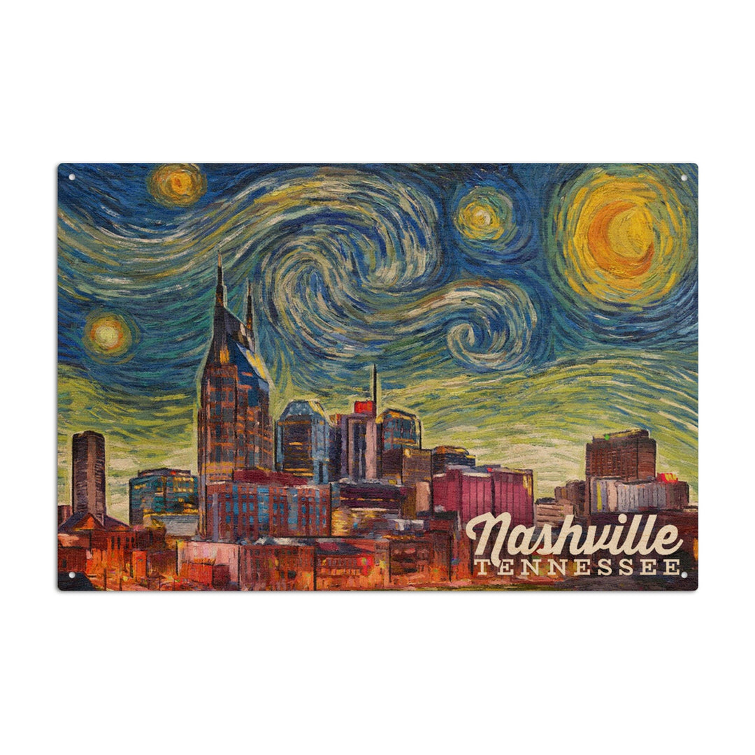 Nashville, Tennessee, Starry Night City Series, Lantern Press Artwork, Wood Signs and Postcards Wood Lantern Press 10 x 15 Wood Sign 