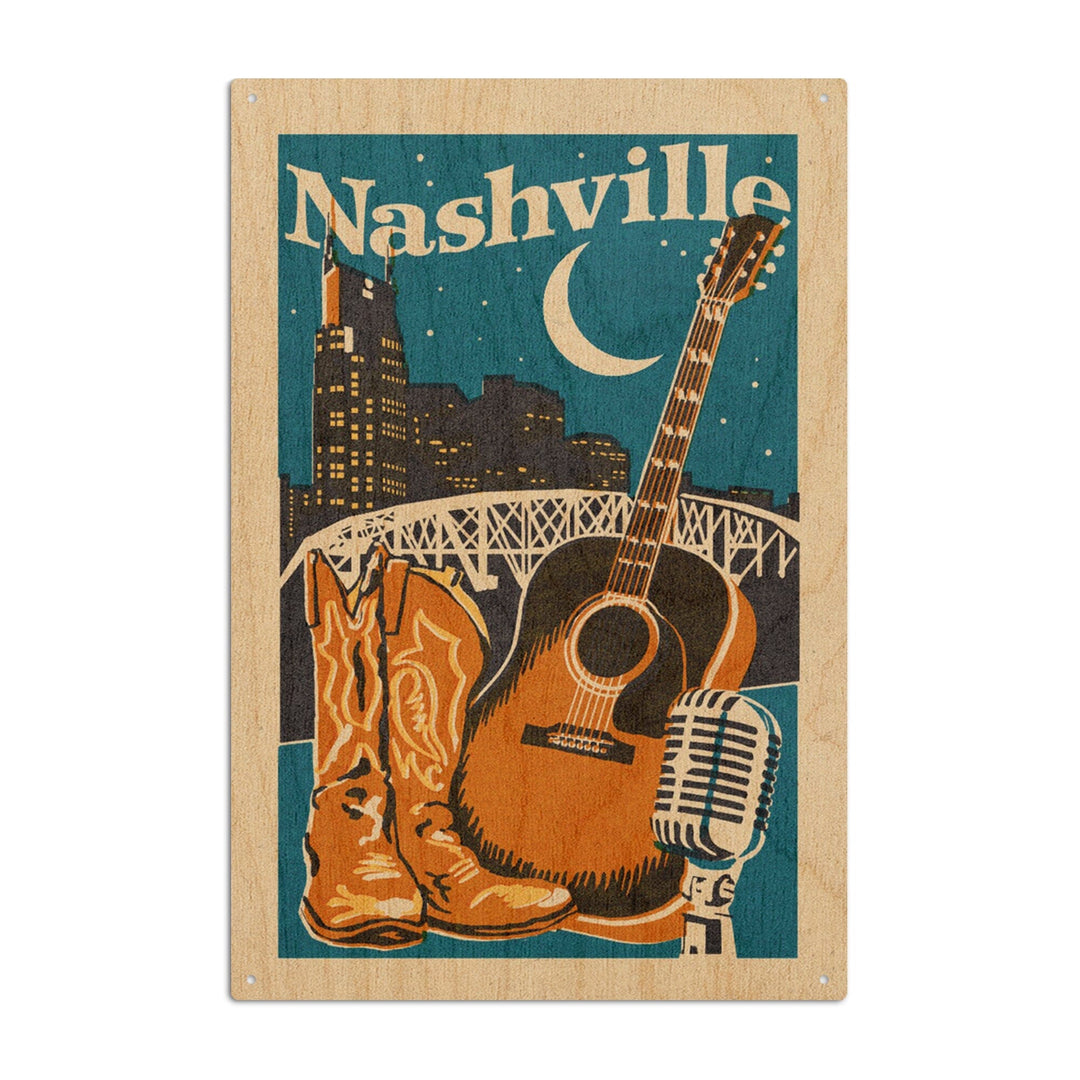Nashville, Tennessee, Woodblock, Lantern Press Artwork, Wood Signs and Postcards Wood Lantern Press 10 x 15 Wood Sign 