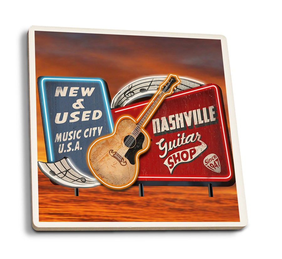 Nashville, Tennesseee, Acoustic Guitar Music Shop, Lantern Press Artwork, Coaster Set Coasters Lantern Press 