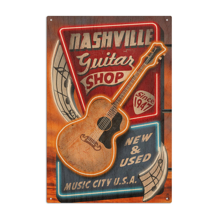 Nashville, Tennesseee, Acoustic Guitar Music Shop, Lantern Press Artwork, Wood Signs and Postcards Wood Lantern Press 10 x 15 Wood Sign 