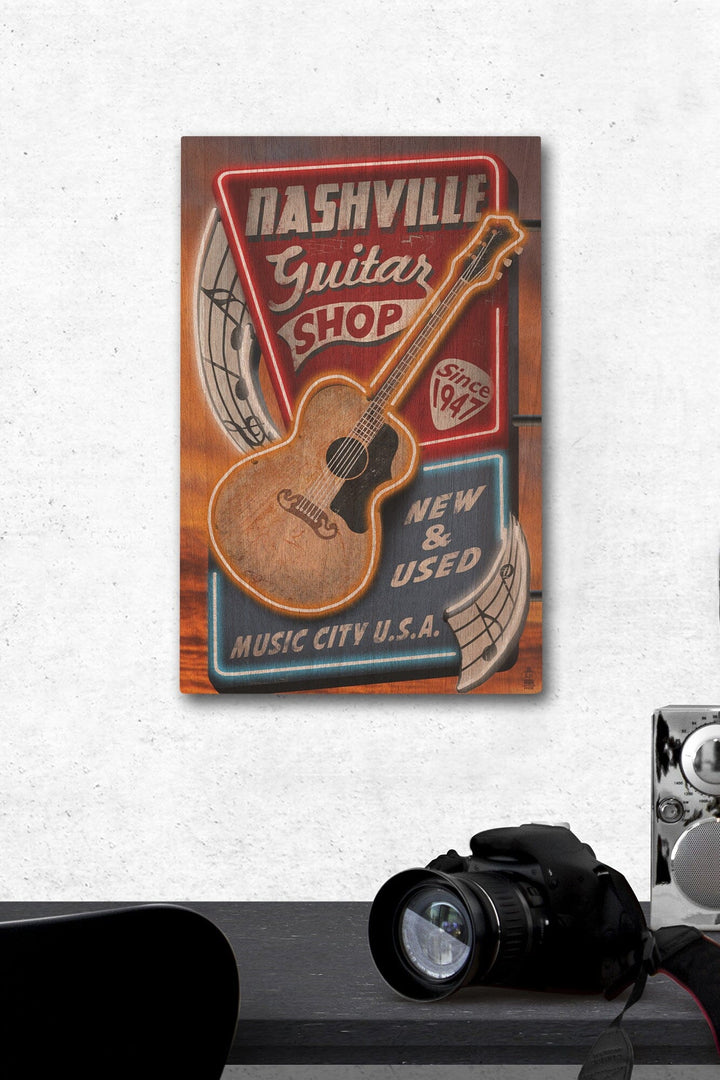 Nashville, Tennesseee, Acoustic Guitar Music Shop, Lantern Press Artwork, Wood Signs and Postcards Wood Lantern Press 12 x 18 Wood Gallery Print 
