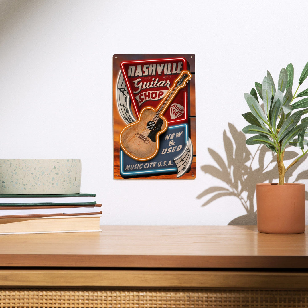 Nashville, Tennesseee, Acoustic Guitar Music Shop, Lantern Press Artwork, Wood Signs and Postcards Wood Lantern Press 