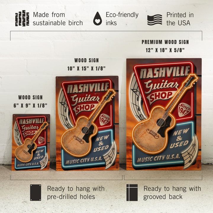 Nashville, Tennesseee, Acoustic Guitar Music Shop, Lantern Press Artwork, Wood Signs and Postcards Wood Lantern Press 