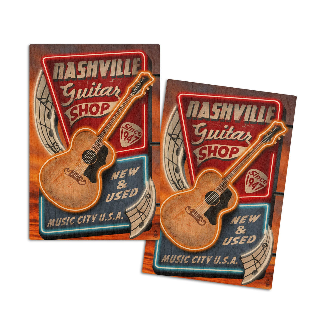 Nashville, Tennesseee, Acoustic Guitar Music Shop, Lantern Press Artwork, Wood Signs and Postcards Wood Lantern Press 4x6 Wood Postcard Set 