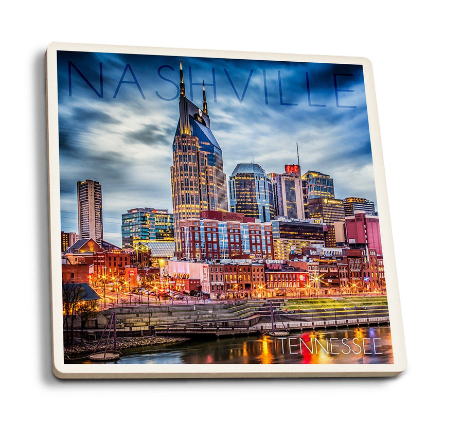 Nashville, Tennesseee, Colorful Skyline, Lantern Press Photography, Coaster Set Coasters Lantern Press 