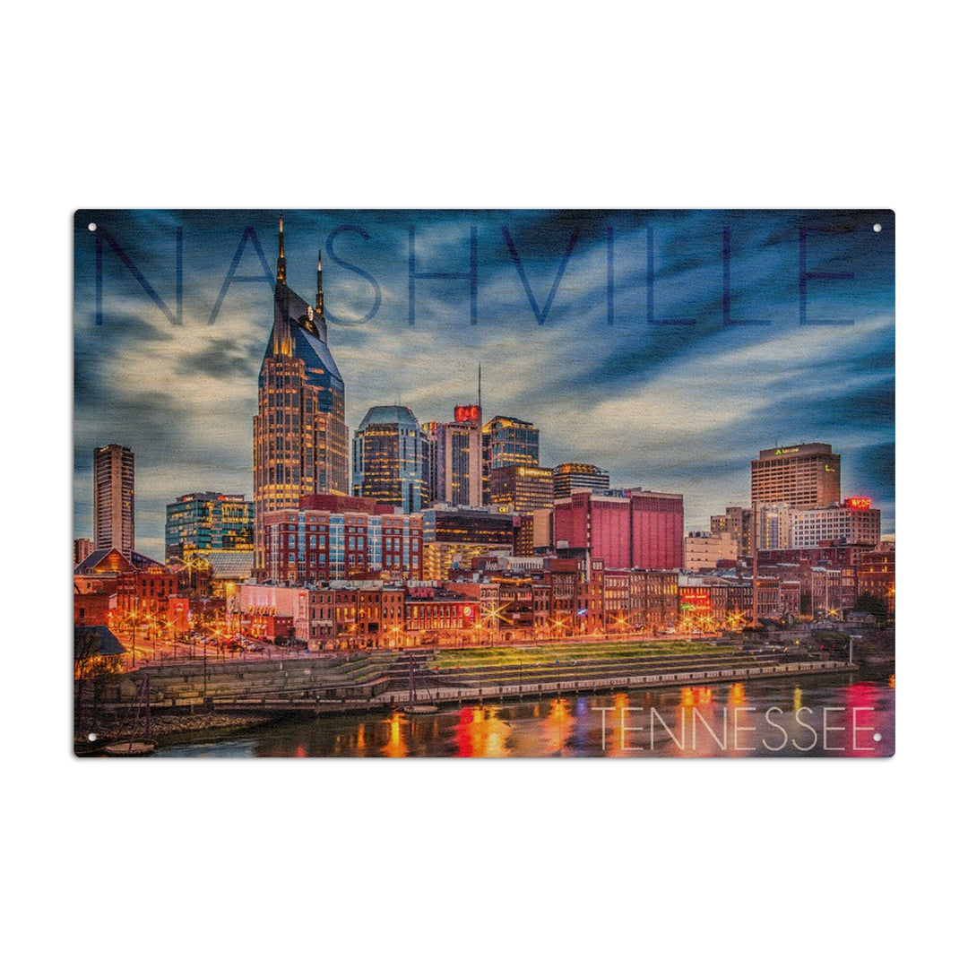 Nashville, Tennesseee, Colorful Skyline, Lantern Press Photography, Wood Signs and Postcards Wood Lantern Press 6x9 Wood Sign 