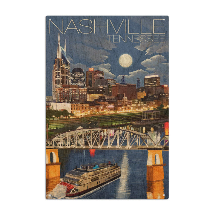 Nashville, Tennesseee, Nashville at Night, Lantern Press Artwork, Wood Signs and Postcards Wood Lantern Press 10 x 15 Wood Sign 