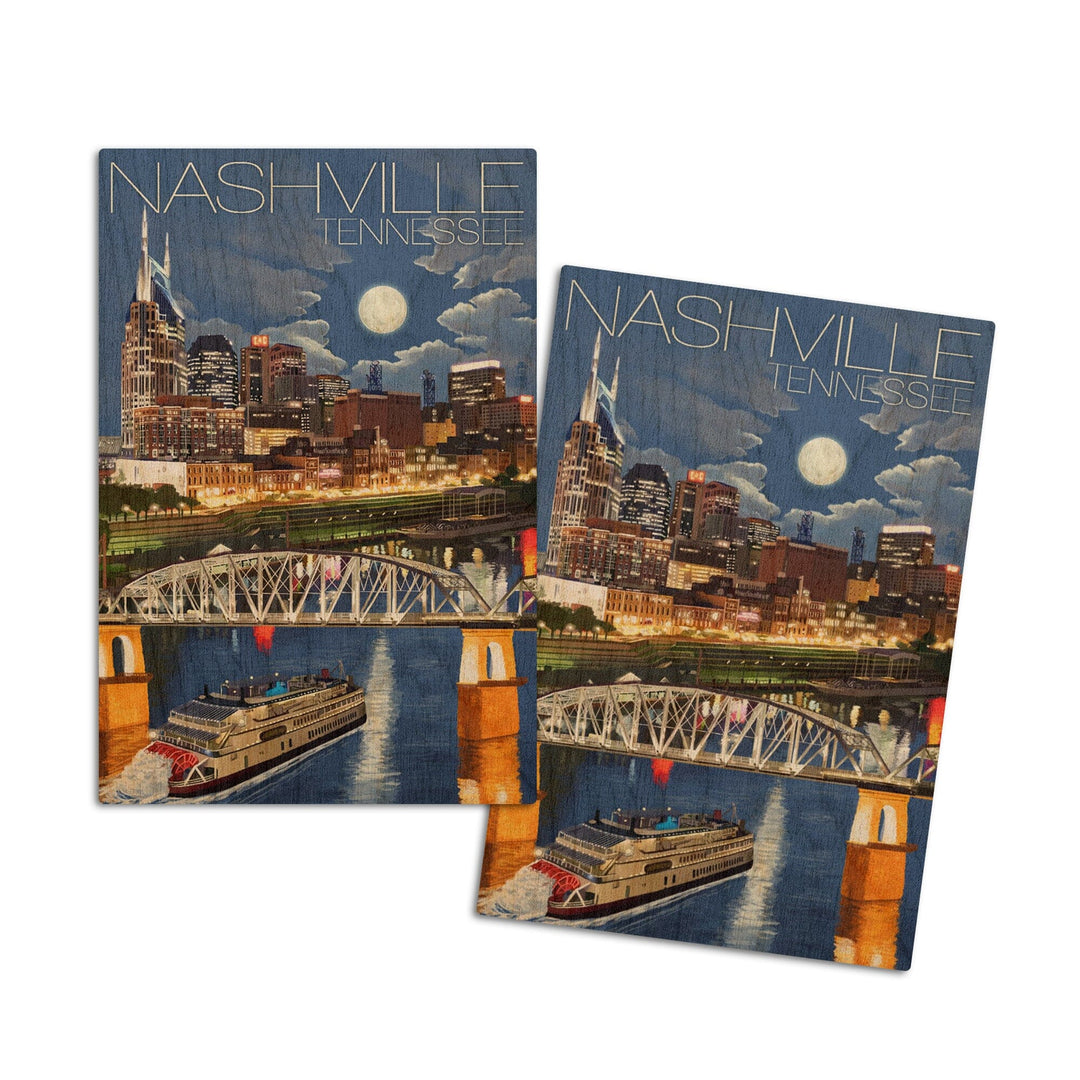 Nashville, Tennesseee, Nashville at Night, Lantern Press Artwork, Wood Signs and Postcards Wood Lantern Press 4x6 Wood Postcard Set 