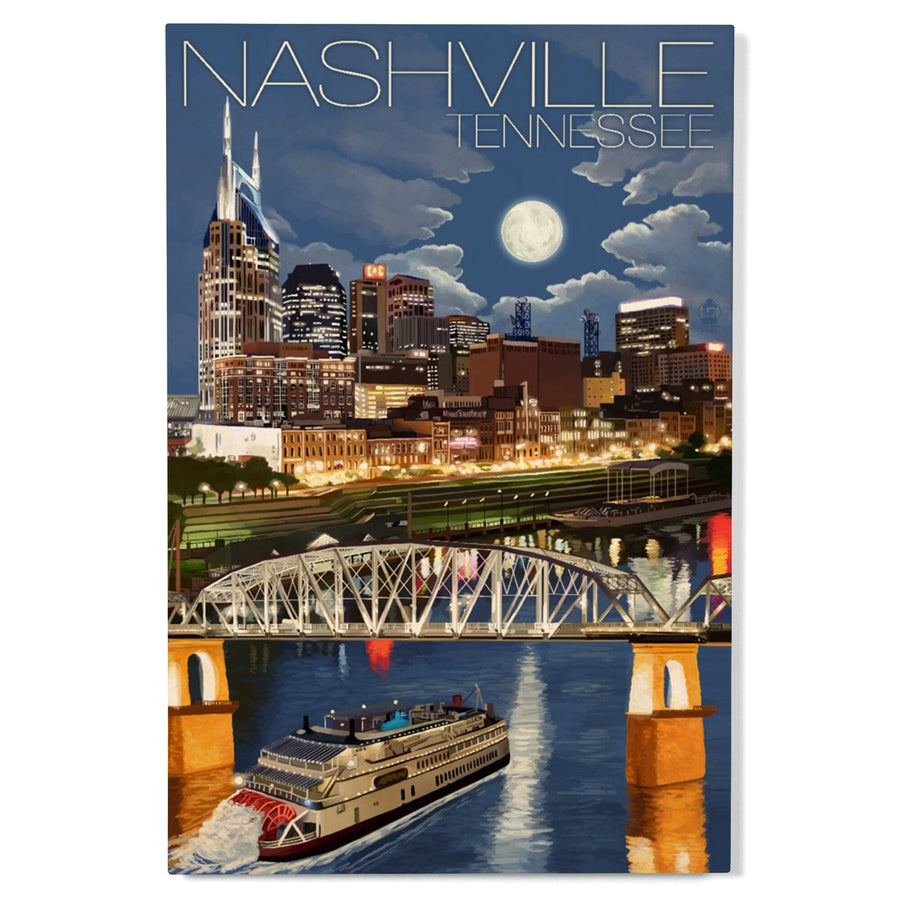 Nashville, Tennesseee, Nashville at Night, Lantern Press Artwork, Wood Signs and Postcards Wood Lantern Press 